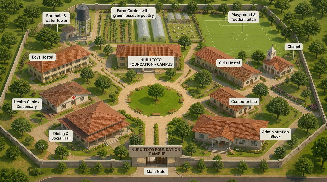 Aerial masterplan of the proposed Nuru Toto Foundation children's home campus